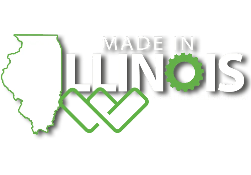 An image containing the state of Illinois that displays bold text saying "MADE IN ILLINOIS (WITH A LITTLE HELP FROM IOWA)