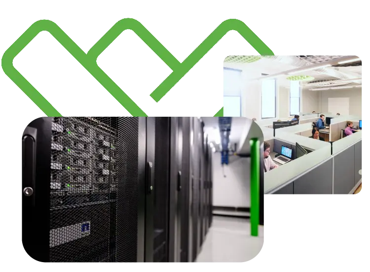 A collage image featuring Winsor's managed services room, a row of our onsite servers, and a Green W logo behind them in a staggered fashion.